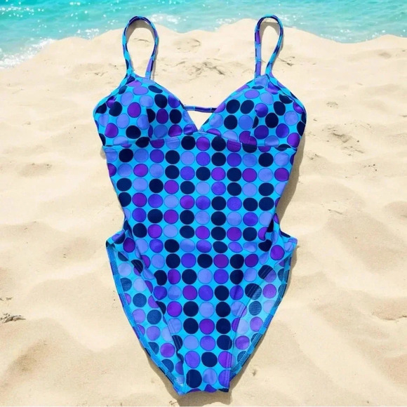 Vintage 80s/90’s Baltex purple polka dot one piece swimsuit -10 - Picture 1 of 9